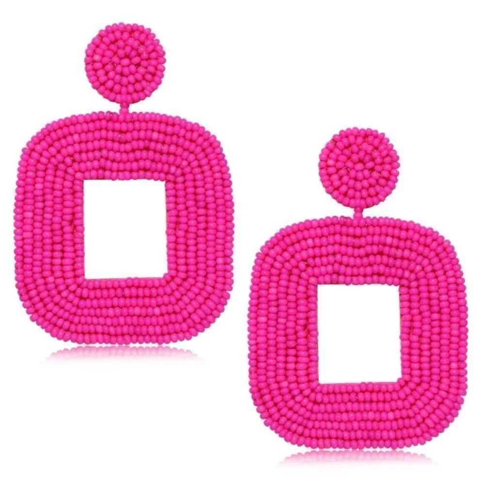 Square Pink Beaded Faux Leather Boho Dangling Drop Statement Post Back Earrings
